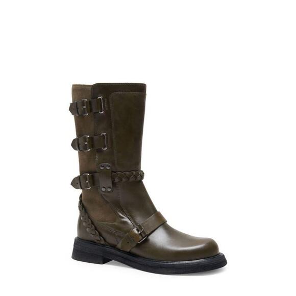 Free People Billie Buckle Forest green leather Moto boots size 8 - Picture 1 of 7